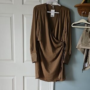 H&M Brown Satin Long Sleeve Wrap Dress